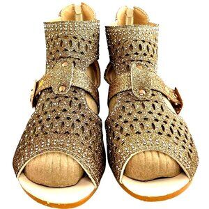 Zapatos De Mujer Gold Glitter Rhinestone Peep Toe Buckle Flat Wedge Sandals US 9